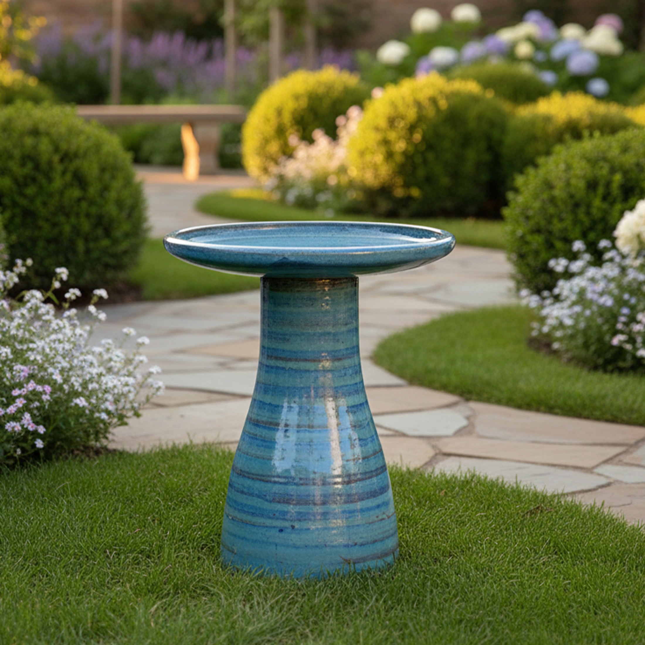 Sunnydaze Freestanding Ceramic Outdoor Bird Bath, Glazed, UV-Resistant Cloud Swirl Finish