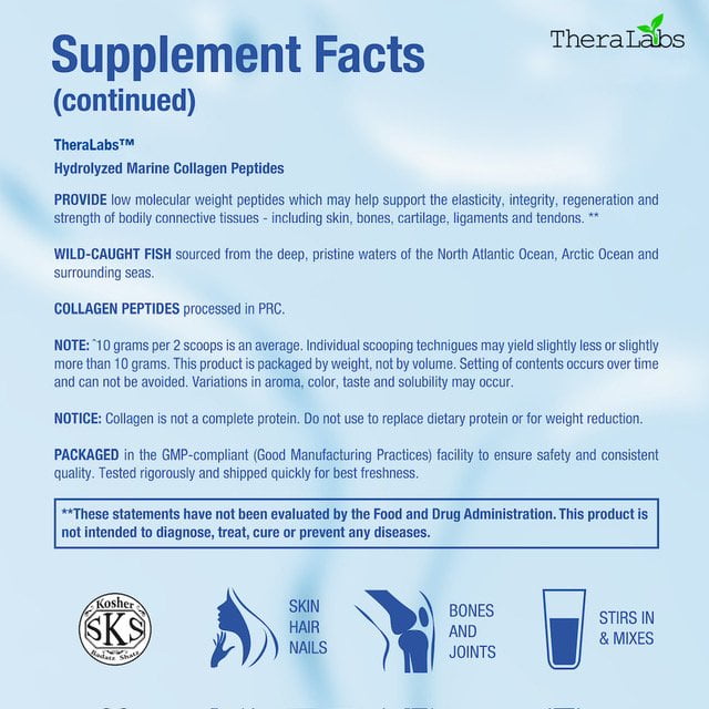 TheraLabs Marine Collagen Peptides 9.3oz (265g) Wild Caught Fish Hydrolyzed Type I & III Collagen - Kosher - Supports Healthy Skin, Nails & Hair - 26 Servings - 4PK