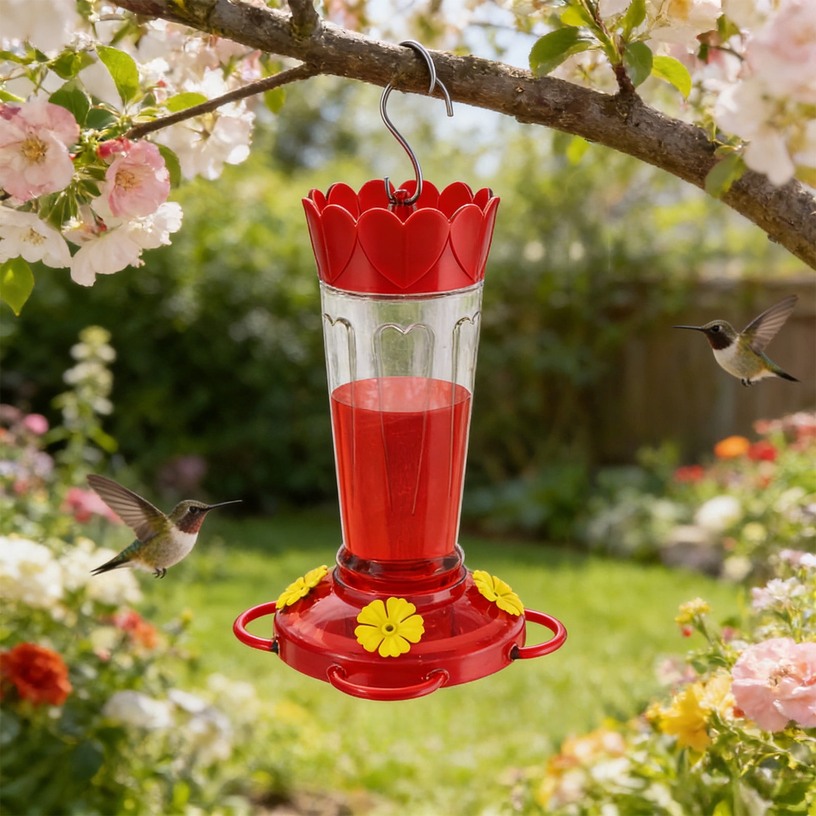 AURIGATE 2 Pcs Plastic Hummingbird Feeders, Hanging Outdoor Wild Bird Feeder with 4 Flower Shaped Ports, Red