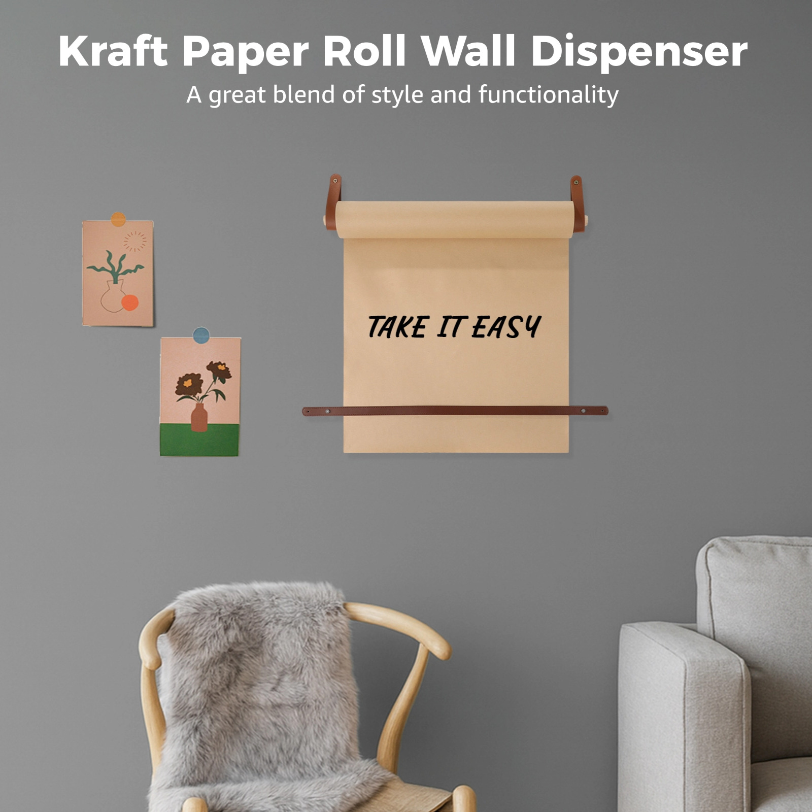 Kraft Paper Roll Kraft Paper Roll Wall Dispenser, Wall Mounted Butcher Paper Holder with Wood Roller & Leather Straps, 98 Ft Brown Kraft Roll for To-do Lists, Artwork, Wall Decor, Message Display