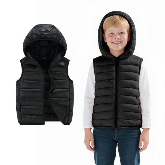 Teen Boys Puffer Vest Hooded Jacket Boys Black Vest Zipper Sleeveless Lightweight Jacket Girls Vests 10-12 Years