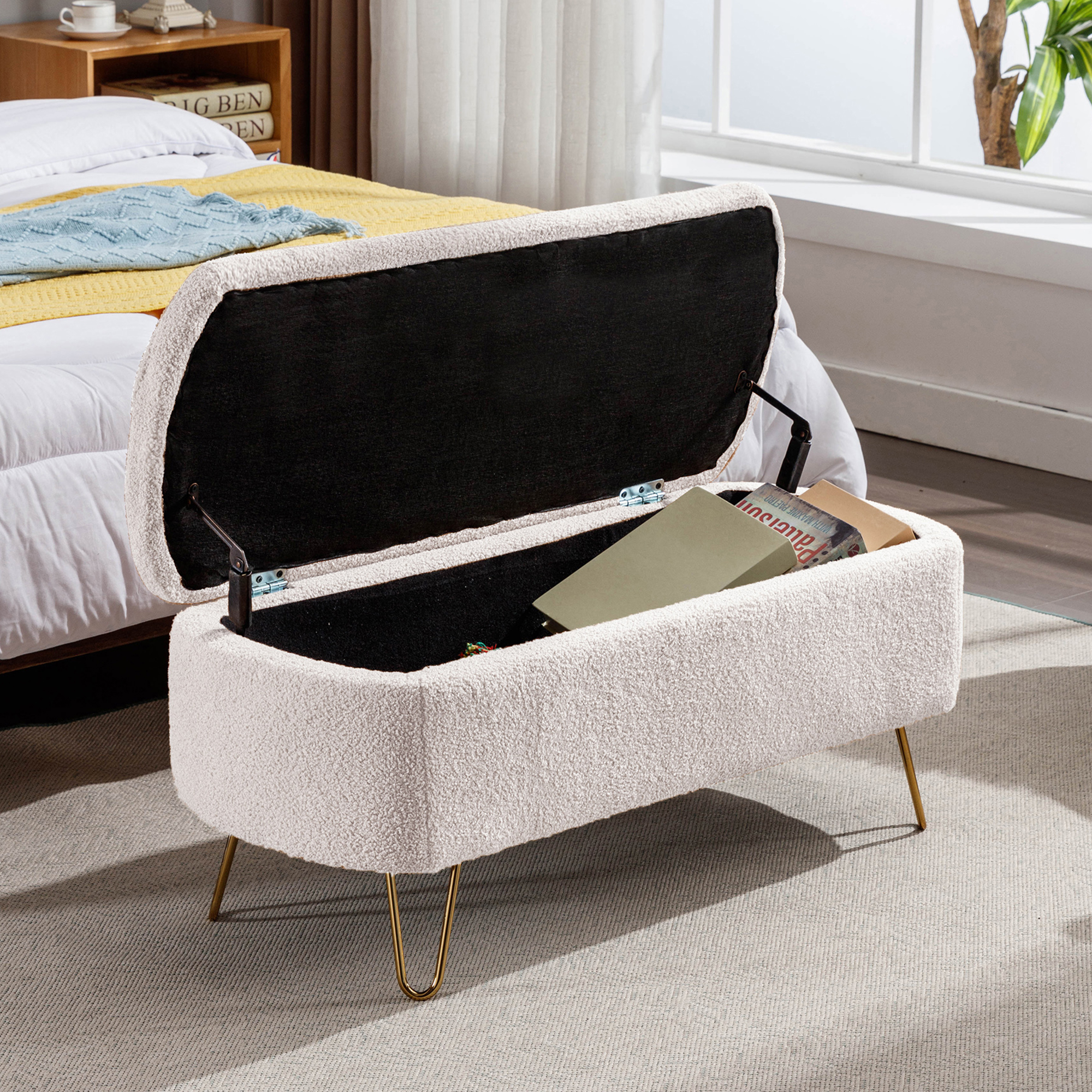 Hforesty Beige Storage Ottoman Bench, 38.97” Oval End of Bed Bench for