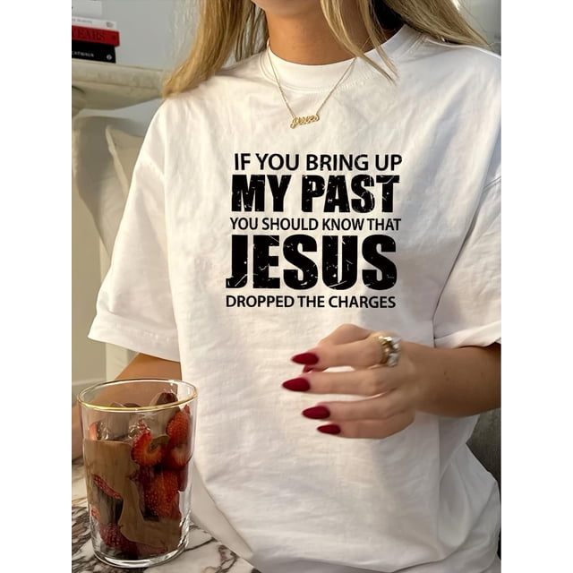 Women's Vintage-Inspired Graphic Tee - "Jesus Dropped the Charges" Funny Print, Casual Round Neck Short Sleeve Shirt, Soft Polyester Fabric, Perfect for Summer, Casual Summer Wear | Round Neckline To