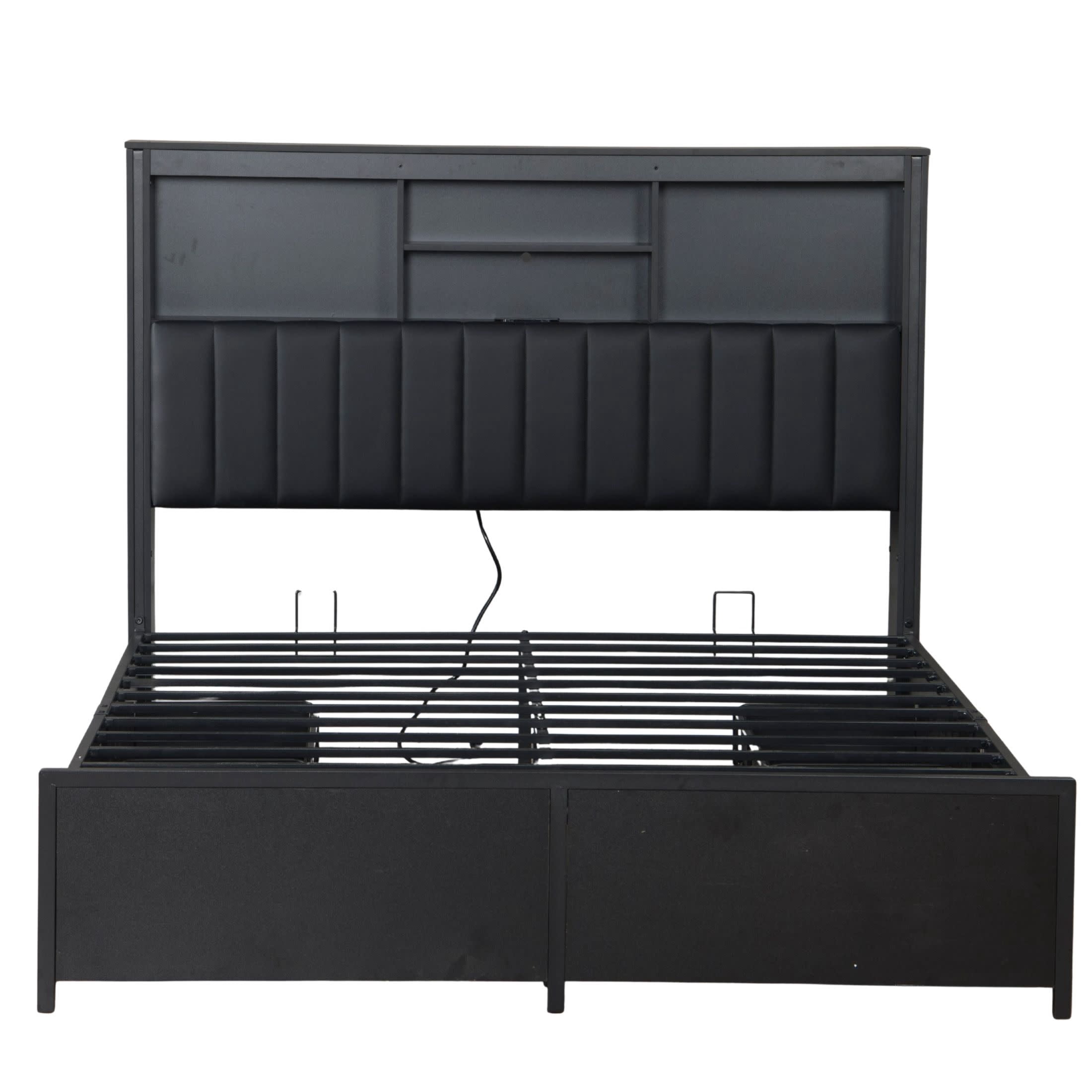 Noble House Junden King Bed Frame with Bookcase Headboard and Storage Drawers, LED Lights, Charging Station, Black