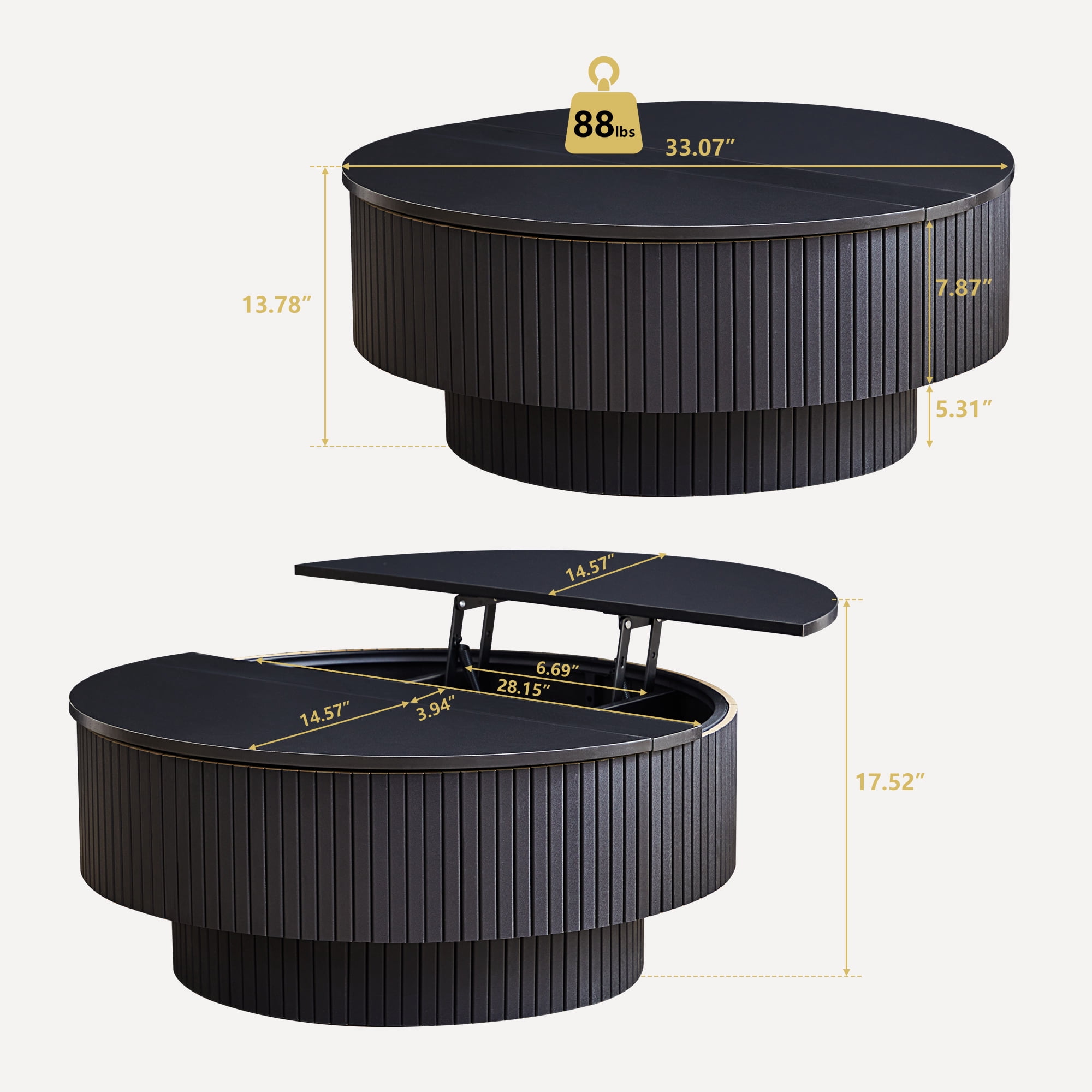 PHOYAL 4 in 1 Fluted Round Coffee Table with Flip Top and Lift Top, Round Coffee Table with Hidden Compartments Storage for Living Room, Black