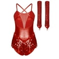 thumbnail image 2 of Xnihocha Women Sleeveless Fringe Latin Dance Leotard with Sequin Long Gloves Cha Cha Salsa Dancewear Red XXL, 2 of 5