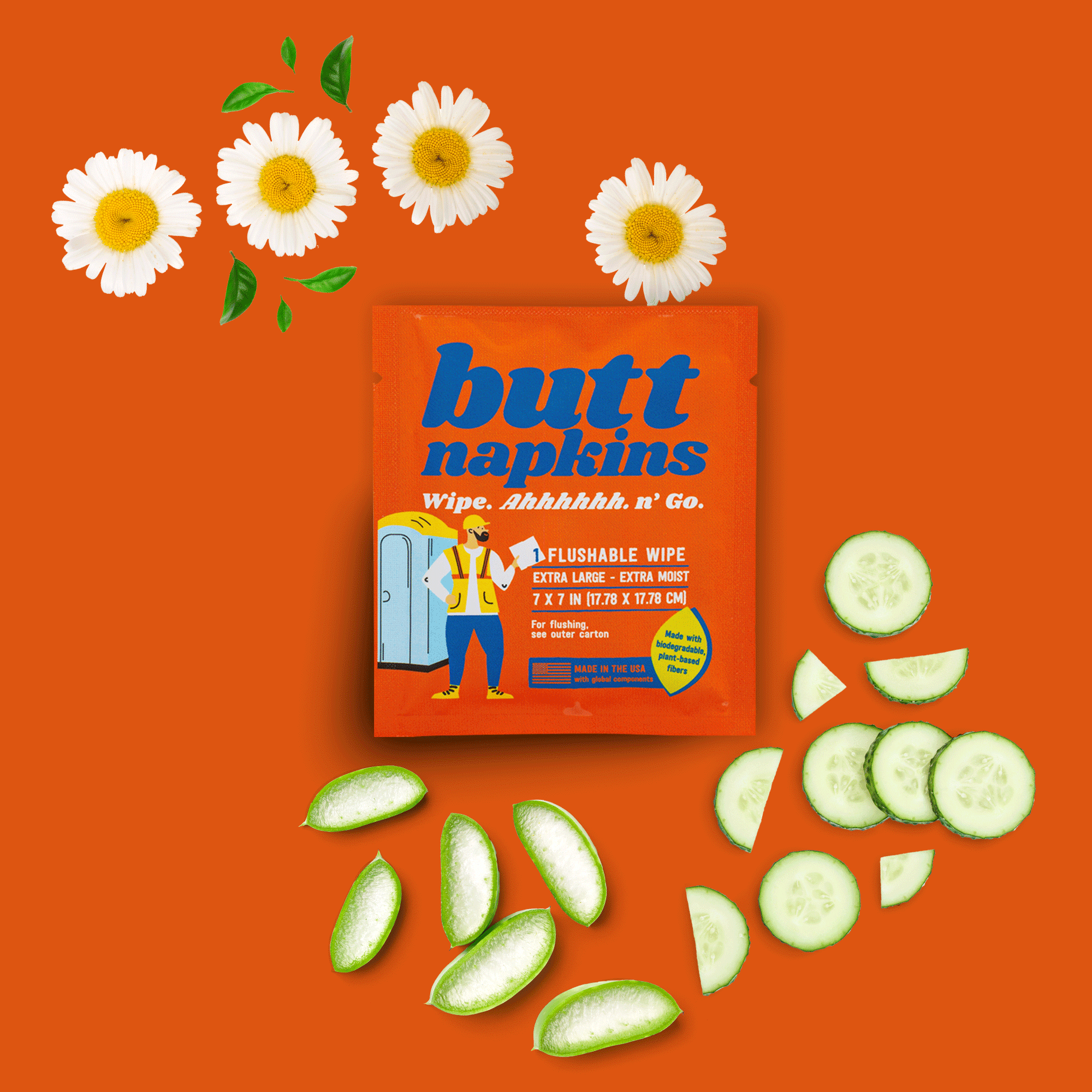 Industrial Butt Napkins, 50 Individually Wrapped, Water-Based Flushable Wipes, Unscented