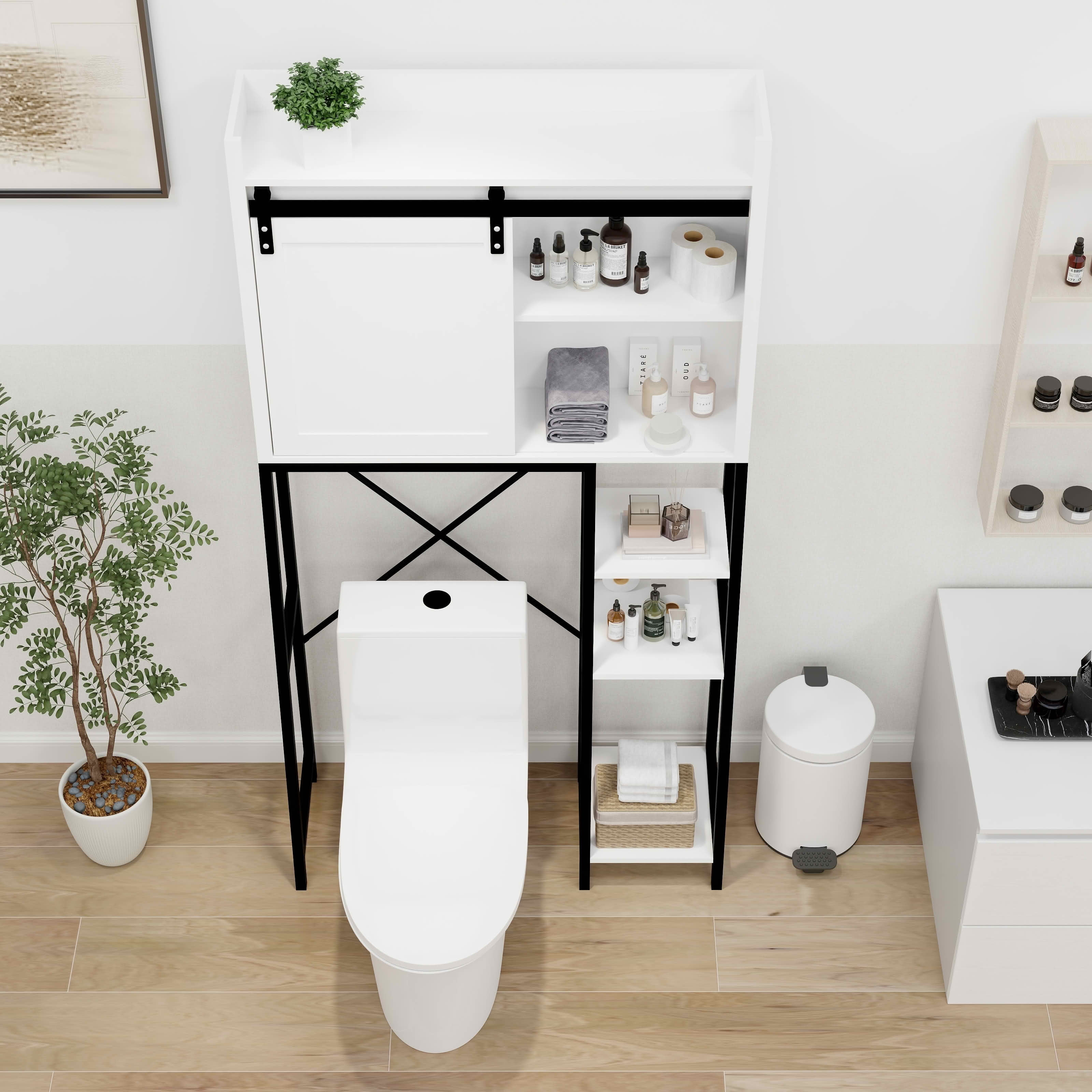 MAYEERTY Over The Toilet Storage Cabinet, Bathroom Shelves with Sliding Barn Door Adjustable Shelves Side Storage Rack White