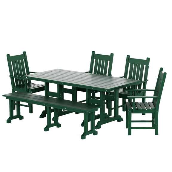 WestinTrends Malibu 6 Piece Patio Dining Set with Bench, All Weather Poly Lumber Outdoor Table and Chairs Set, 71" Trestle Dining Table with Umbrella Hole, 5 Arm Chairs with Bench, Dark Green