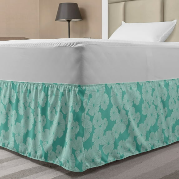 Floral Bed Skirt, Monochrome Design Flower Petals Without Stems Illustration, Elastic Bedskirt Dust Ruffle Wrap Around for Bedding Decor, 4 Sizes, Seafoam and Pale Seafoam, by Ambesonne