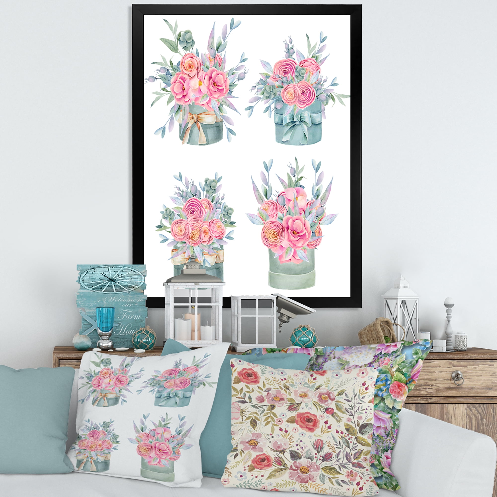 Designart 'Bouquets Collection of Pink Roses' Farmhouse Framed Art Print