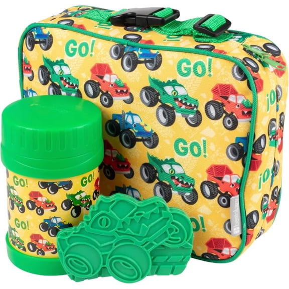 Bentology Kids Lunch Tote Set Monster Truck Green - Reusable Hard Ice Pack & Stainless Steel Food Jar Thermos - Hot or Cold Food for Hours