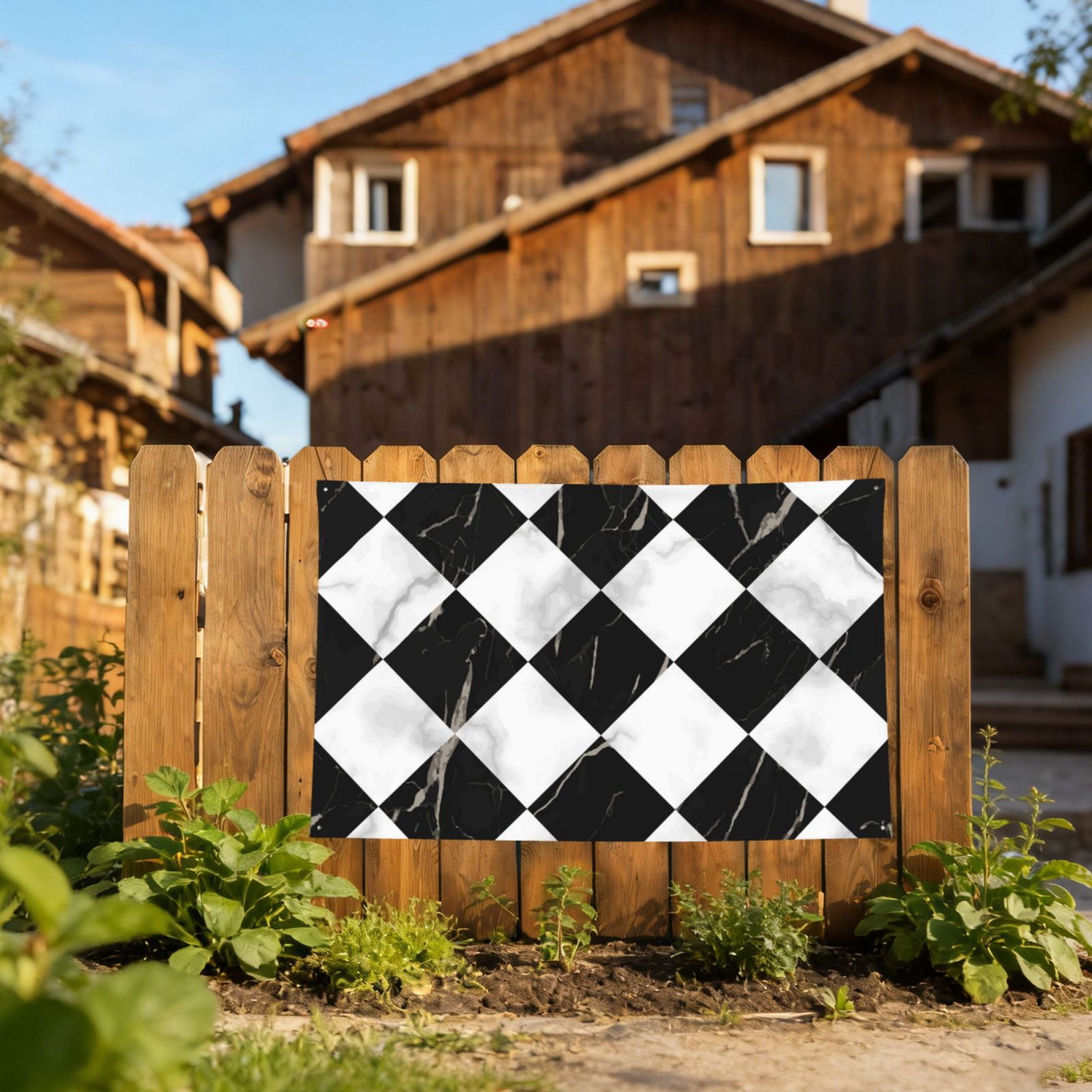 Marble Check Diagonal Black White Four Hole Decorated Banner Flag for Garden Yard Home Decoration Indoor Outdoor 4x6 Ft