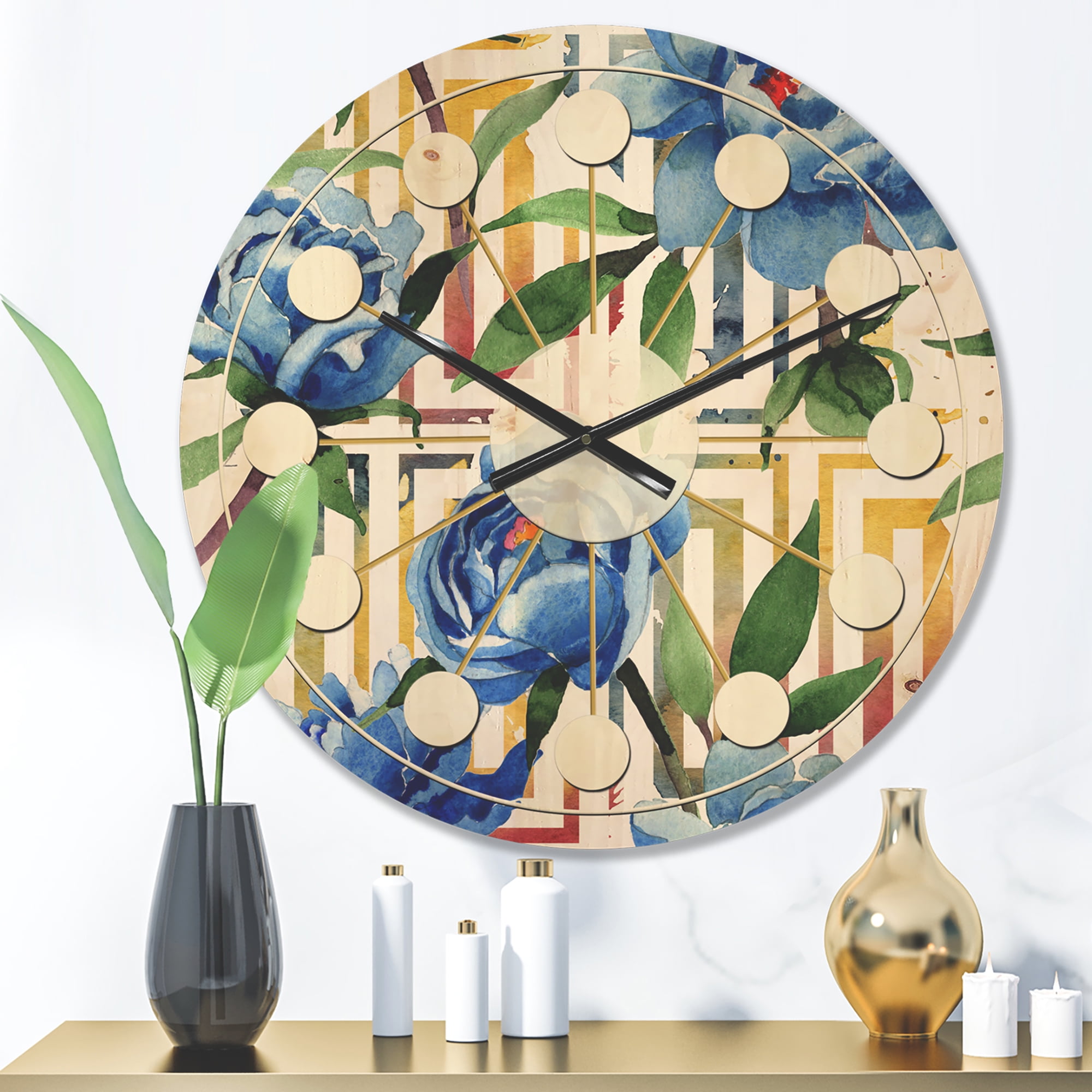 Designart 'Floral Botanical Design Retro I' Mid-Century Modern Wood Wall Clock