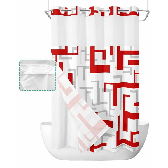 No Hook Shower Curtain with Snap in Liner, Red Grey Abstract Geometric Modern Art Mid Century Hotel Shower Curtains for Bathroom, Washable Shower Curtain Liner Set with Mesh Top Window, 36"x72"