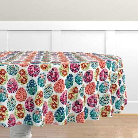 

Cotton Sateen Tablecloth 90 Round - Watercolor Easter Eggs Folk Art Bunny Egg Rainbow Spring Bright Holiday Print Custom Table Linens by Spoonflower
