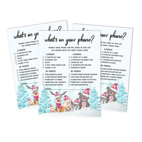 Inkdotpot 50 Sheets What'sIn Your PhoneBaby Shower GameCards Gender Neutral Activity CardsPartyIdea Winter Jungle Theme Baby Shower Party Supply