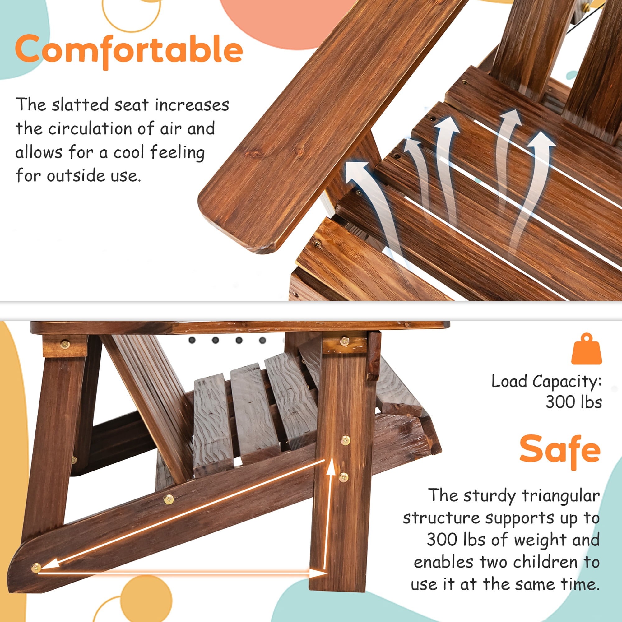 Costway 2 Person Adirondack Chair Kid Solid Wood Loveseat Backrest Arm Rest Patio Coffee