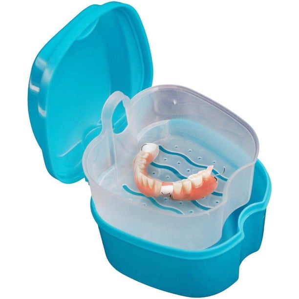 Estuche para baño para dentaduras postizas, caja para guardar dentaduras postizas con contenedor de red colgante.