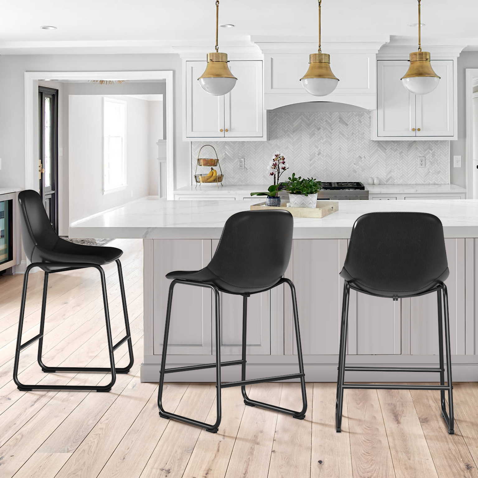 TAVR 24" Bar Stools Set of 3 with Back, Faux Leather for Home, Kitchen, Black