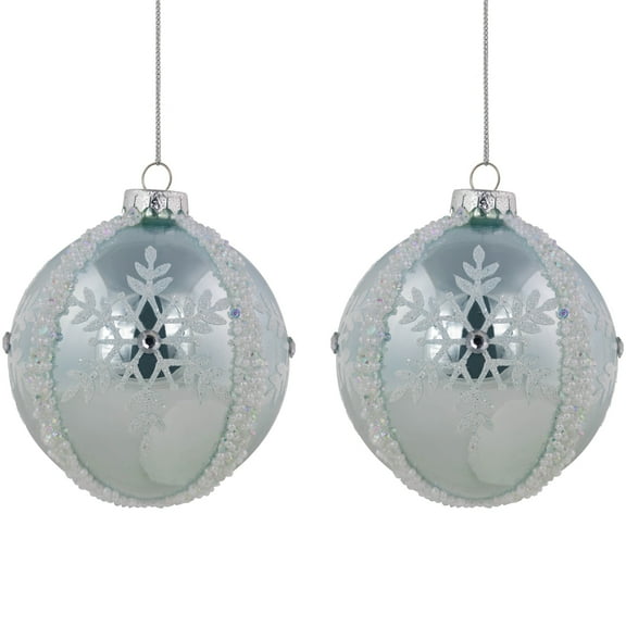 Northlight Set of 2 Sky Blue Glittered and Beaded Snowflake Glass Christmas Ball Ornaments 4"