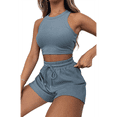 thumbnail image 2 of Conjuntos de Verano para Mujer, Conjunto Informal de 2 Piezas con Top Corto y Pantalones Cortos de Punto Gofre, Ropa de Dormir, Azul , XL, 2 of 9