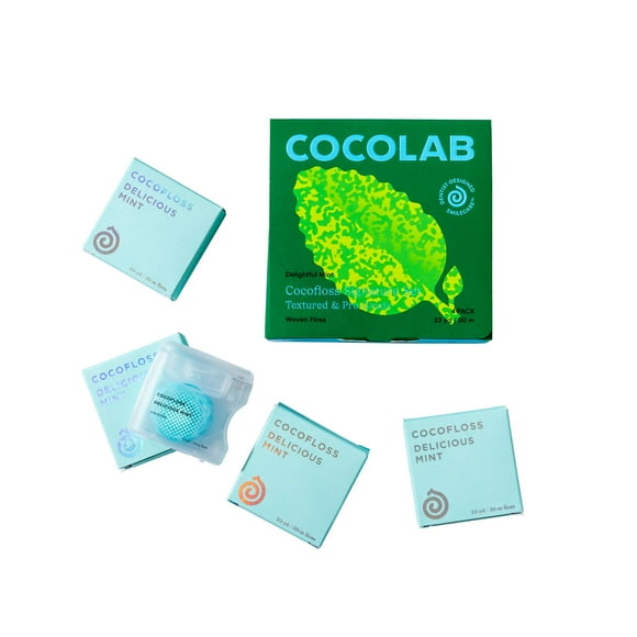 Cocofloss Fil Dentaire Tissé, Soins Buccaux Conçus par les Dentistes, Menthe, Ciré, Extensible, Végétalien, Fil à Tricoter Adapté aux Enfants avec Huile de Coco, 4 Bobines (33 yd Chacune)