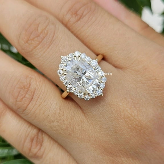 Vintage 4 CT Elongated Cushion Cut Moissanite Ring, Hidden Halo Engagement Ring 14K Solid Yellow Gold, Elegant Solitaire Ring, Unique Ring Gift