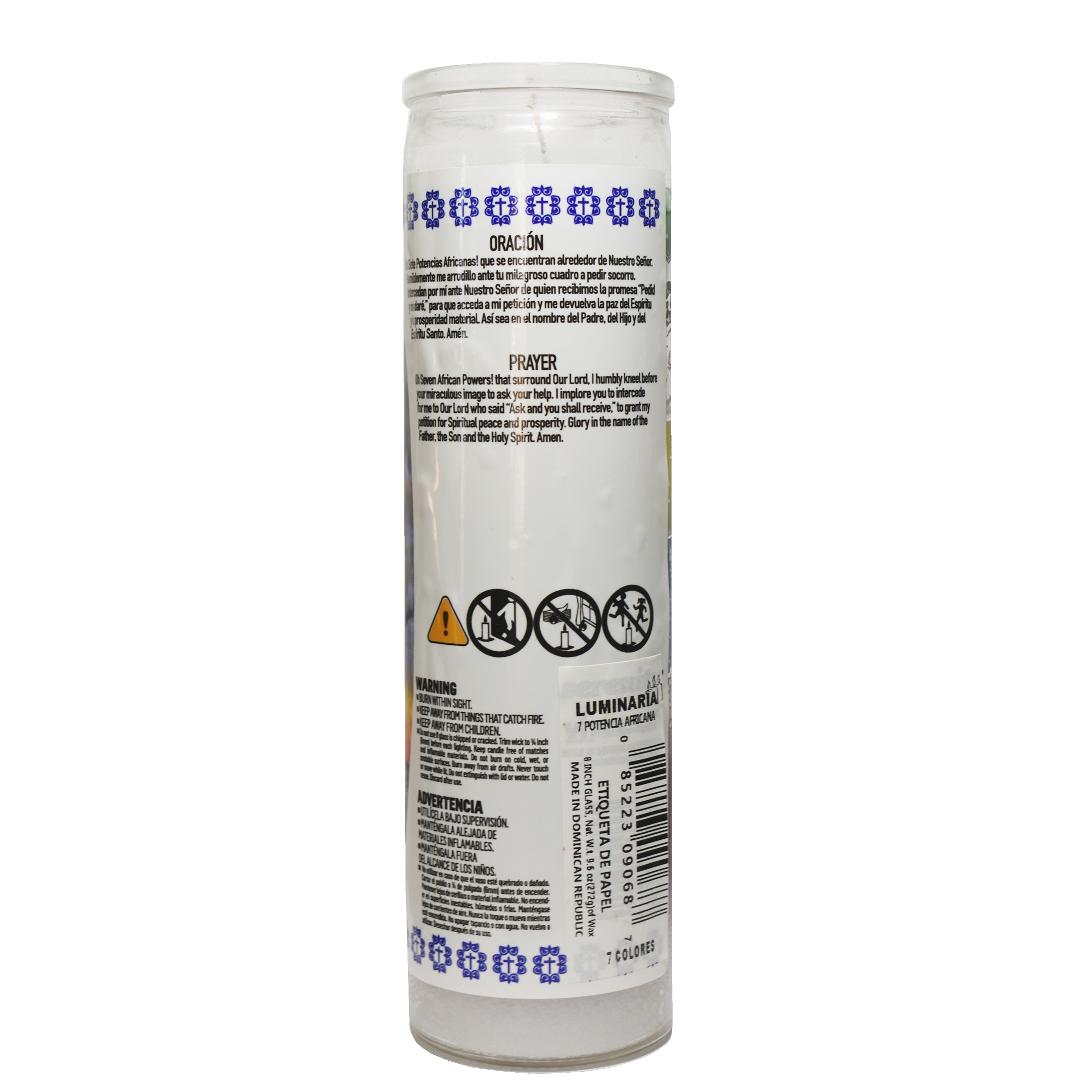 Luminaria Siete Potencias Africanas 7 Colors Unscented Religious Candle in Glass, 8 inches Tall