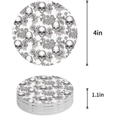 

FMSHPON Minimalistic Style Skull and Roses Set of 6 Round Coaster for Drinks Absorbent Ceramic Stone Coasters Cup Mat with Cork Base for Home Kitchen Room Coffee Table Bar Decor