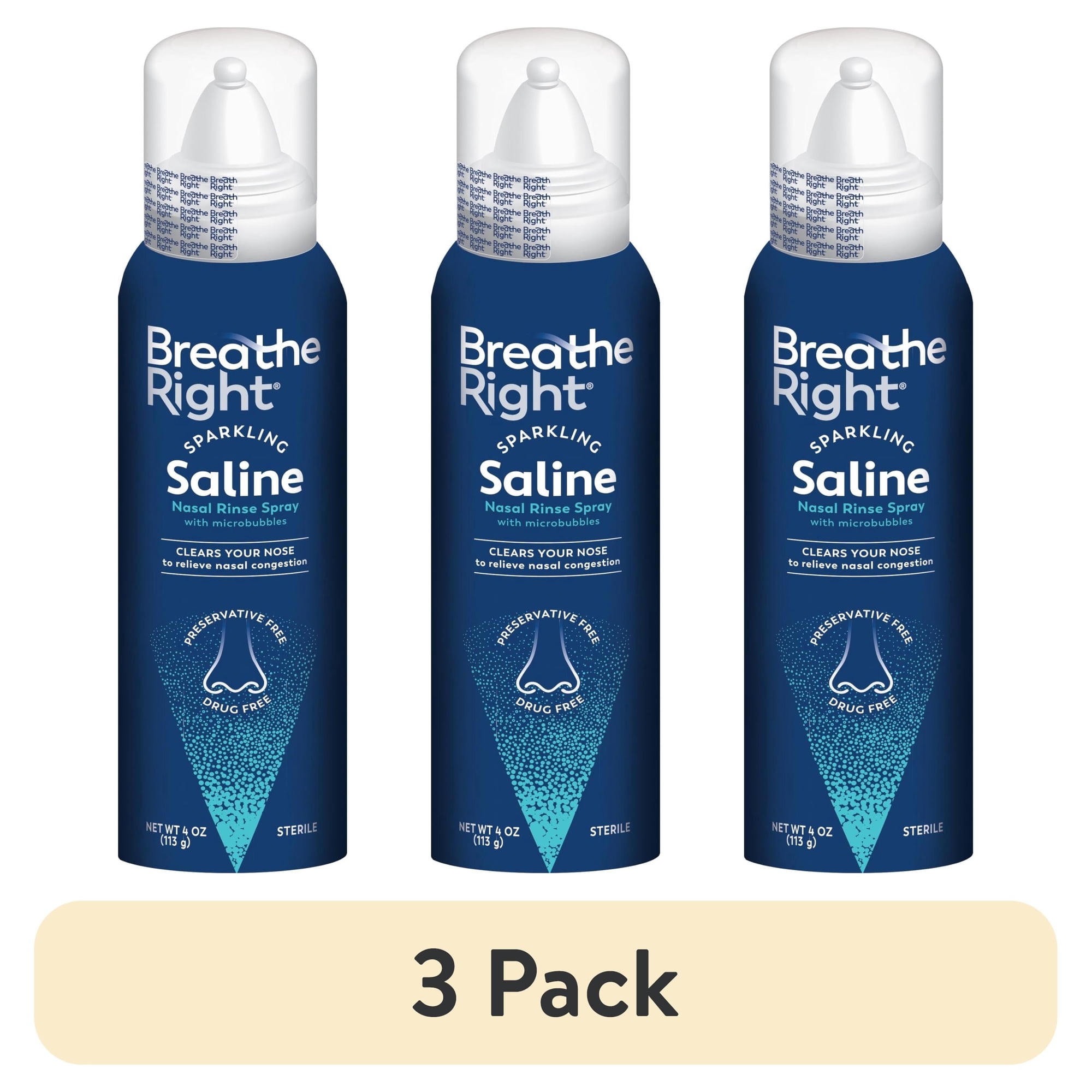 (3 pack) Breathe Right Sparkling Saline Nasal Rinse Spray – Effervescent, Drug-Free Relief from Stuffy Nose Due to Cold or Allergy, 1 Can, 4 oz