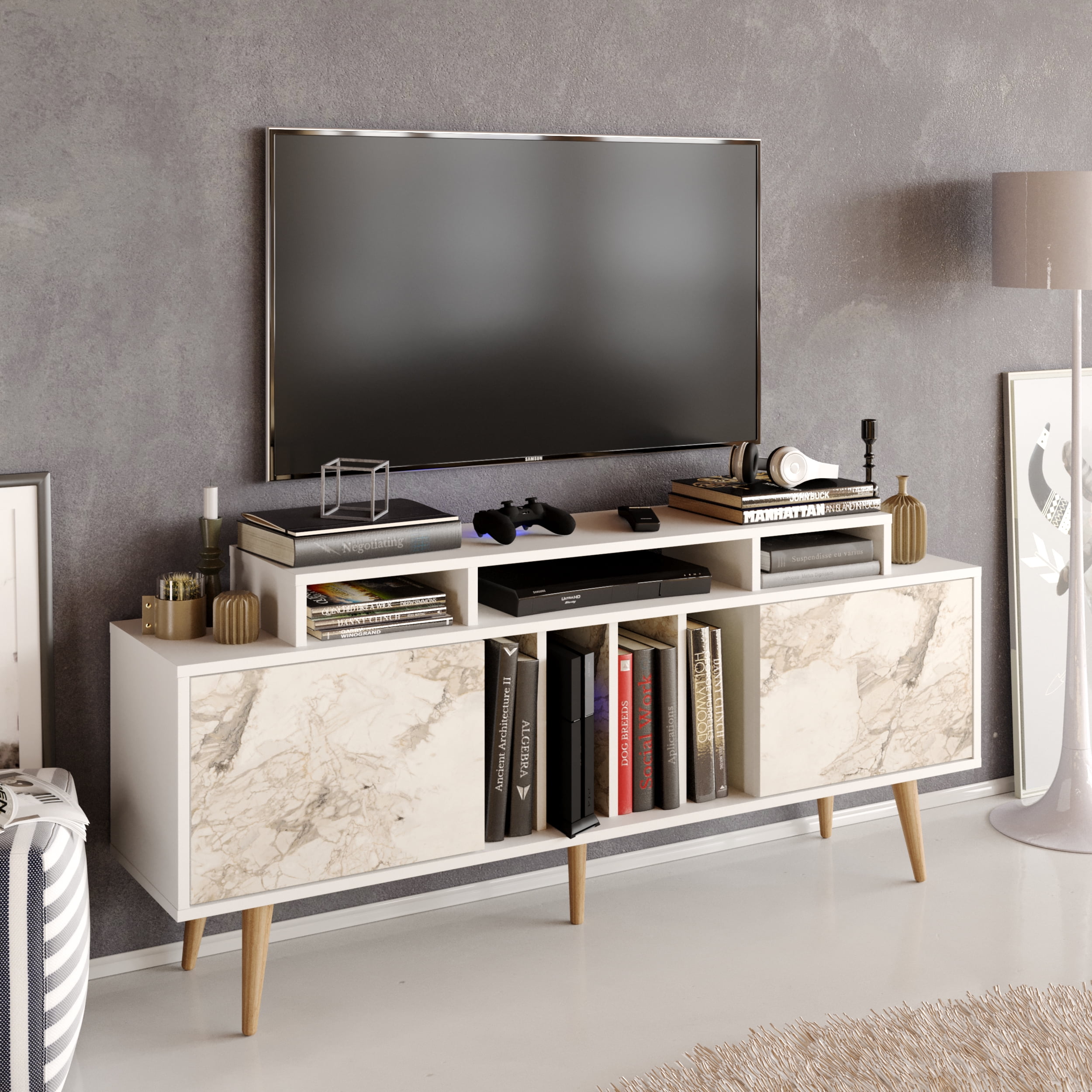 Modern White TV Stand with Marble Coating