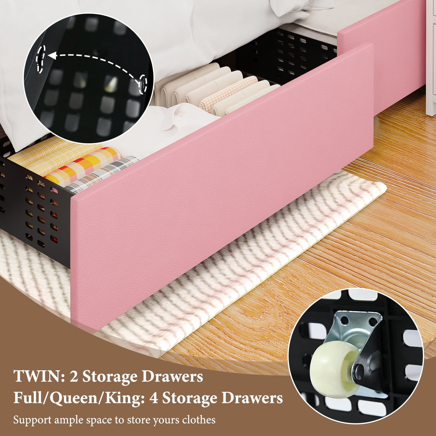 4 Ever Winner Full Size Pink LED Bed Frame with Storage Drawers, Diamond Tufted Upholstered Headboard