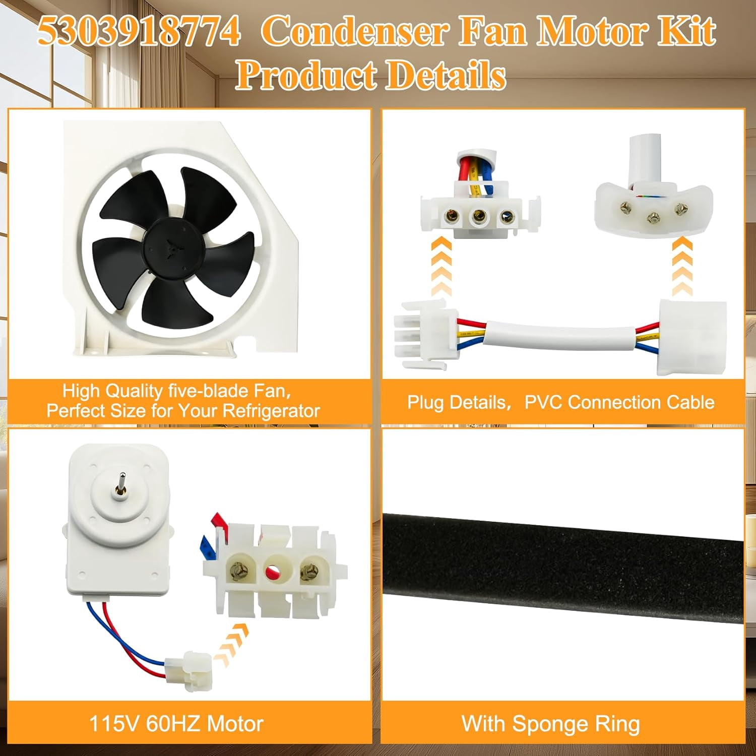 5303918774 Condenser Fan Motor Compatible with Ken-More frigi-daire Crosley Refrigerator FRS6KR5JSB0, FRT17G5CSBC, FRT18IL6DWP, etc. Part Number: 240334001, 240397101, 240525401, 241681101