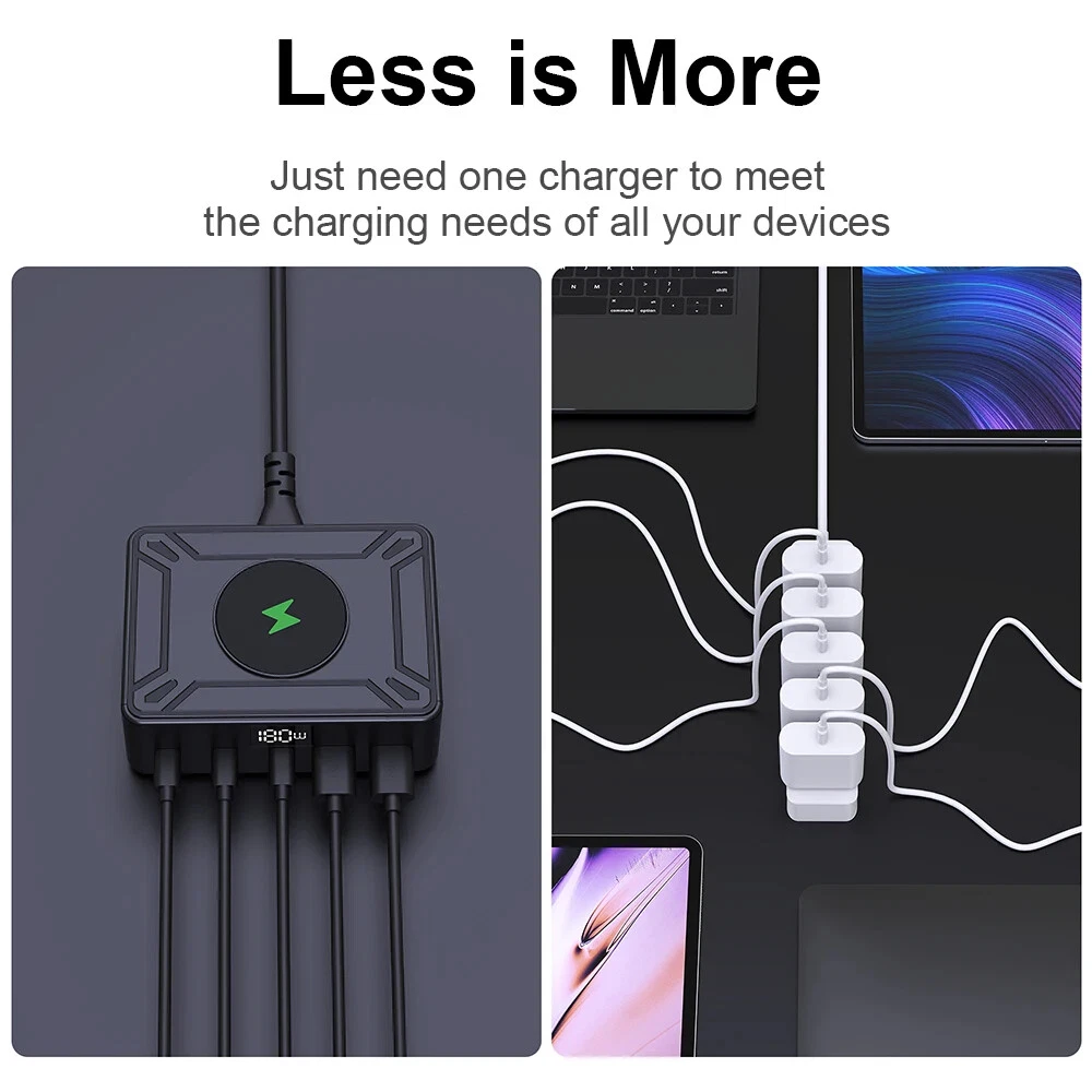 205W Desktop Charging Station: 5 Fast Charging USB Ports + 15W Wireless Pad, Smart LED Display, All-in-One Power Hub Compatible with iPhone, Android, Smartwatch, and More – Organize Your Desk, Black