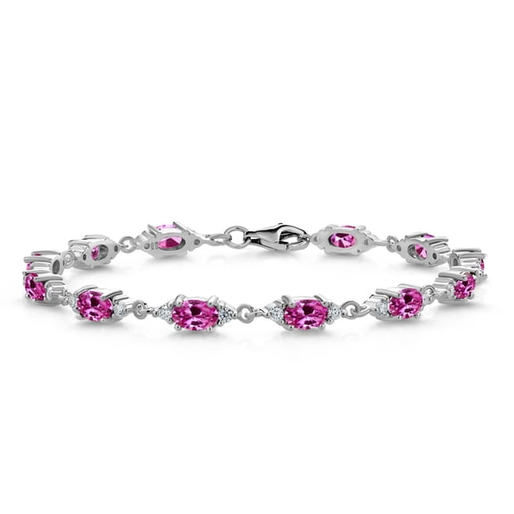 Gem Stone King 925 Sterling Silver Pink Created Sapphire and White Moissanite Tennis Bracelet for Women (6.91 Cttw, Gemstone Birthstone, Oval 6X4MM, 7 inch)