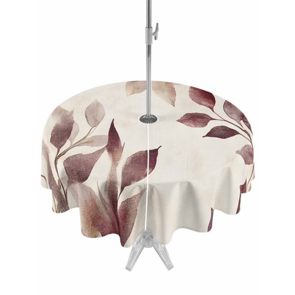 Outdoor Table Cloth with Umbrella Hole and Zipper, Eucalyptus Leaves Waterproof Round Tablecloth 60 Inch, Brown Spring Botanical Aesthetic Washable Table Cover for Outside Party Patio Picnic