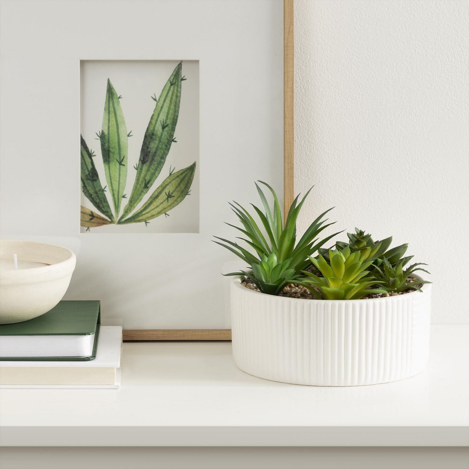 DesignOvation 6.25"H Tabletop Artificial Succulents in White Ribbed Pot, 7.13in W x 6.25in H x 7.13in D