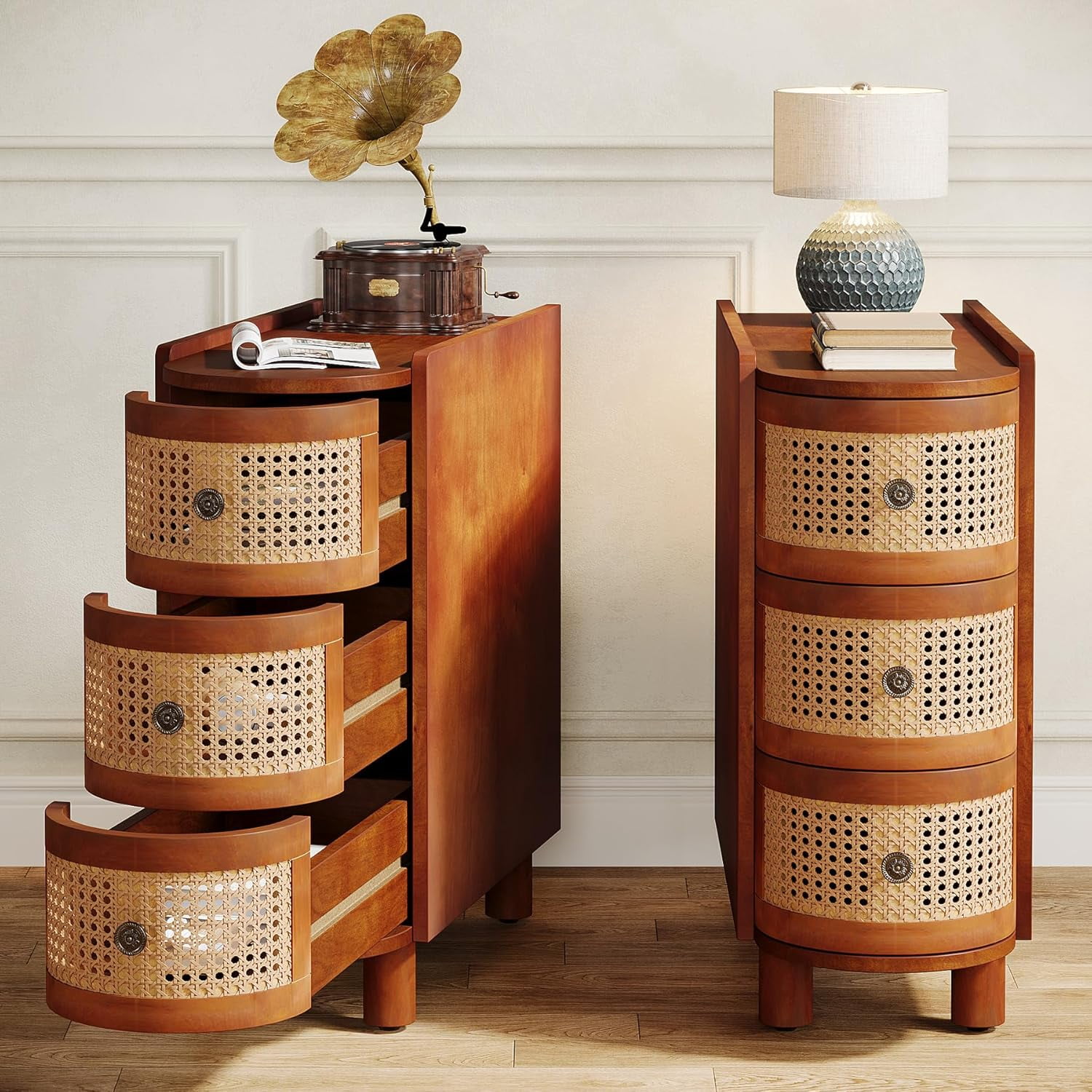Tribesigns Solid Wood End Table Set of 2, 3-Drawer Rattan Side Table with 3 Rattan Drawers and Embossed Handles for Living Room, No Assembly Required (Walnut & Oak, 1PC)