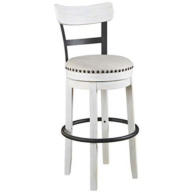 Signature Design by Ashley D546-530 Tabouret de bar Valebeck Blanc, avec une Conception Hauteur pub et un Siège Pivotant à 360 Degrés, Rembourré en polyester Couleur Lin. le Tabouret a un style Rustique Industriel avec un Cadre en Métal Fini Noir, un Dossier en Bois et une Garniture de Clous Autour du Siège Rembourré. Il Mesure 19,5 Pouces de Large, 19,5 Pouces de Profondeur et 42 Pouces de Hauteur, le Rendant Adapté aux Comptoirs de Cuisine, aux tables à Manger Ou aux Sièges de bar.