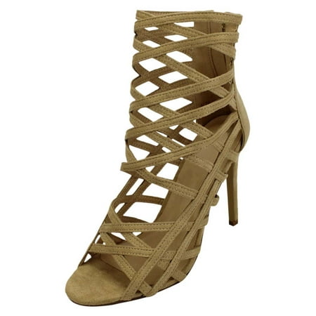 

Womens Beige Strappy Caged High Heel Sandal Pumps Size 8.5
