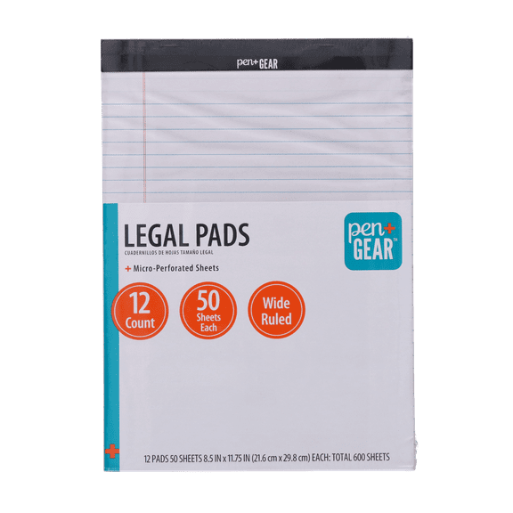 Pen+Gear Wide Ruled Legal Pads, 8.5"x11", White, 50 Sheets, 12 Pack