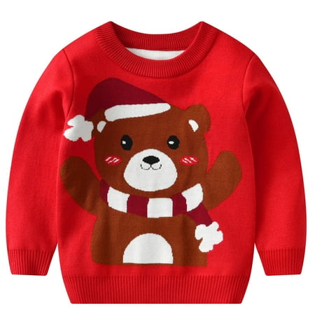 

ZHUASHUM Toddler Boys Girls Christmas Cartoon Bear Prints Sweater Long Sleeve Warm Knitted Pullover Knitwear Xmas Tops