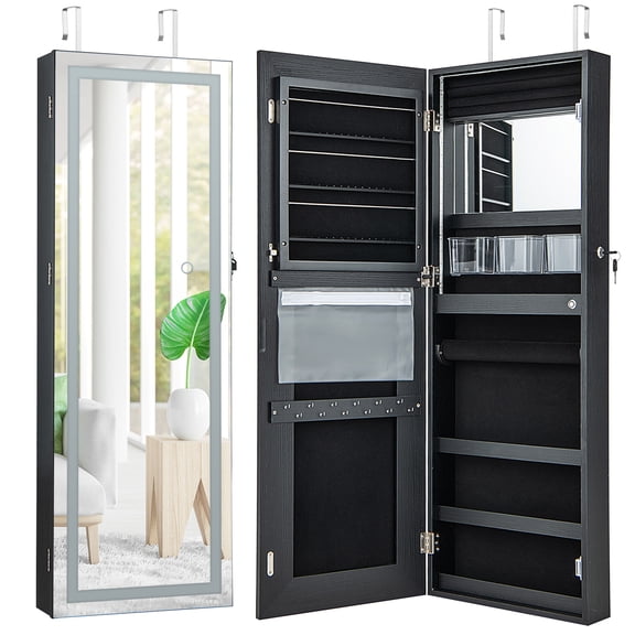 Giantex 42.5" LED Mirror Jewelry Cabinet, Wall Mounted/Door, Hanging Jewelry Armoire, Black