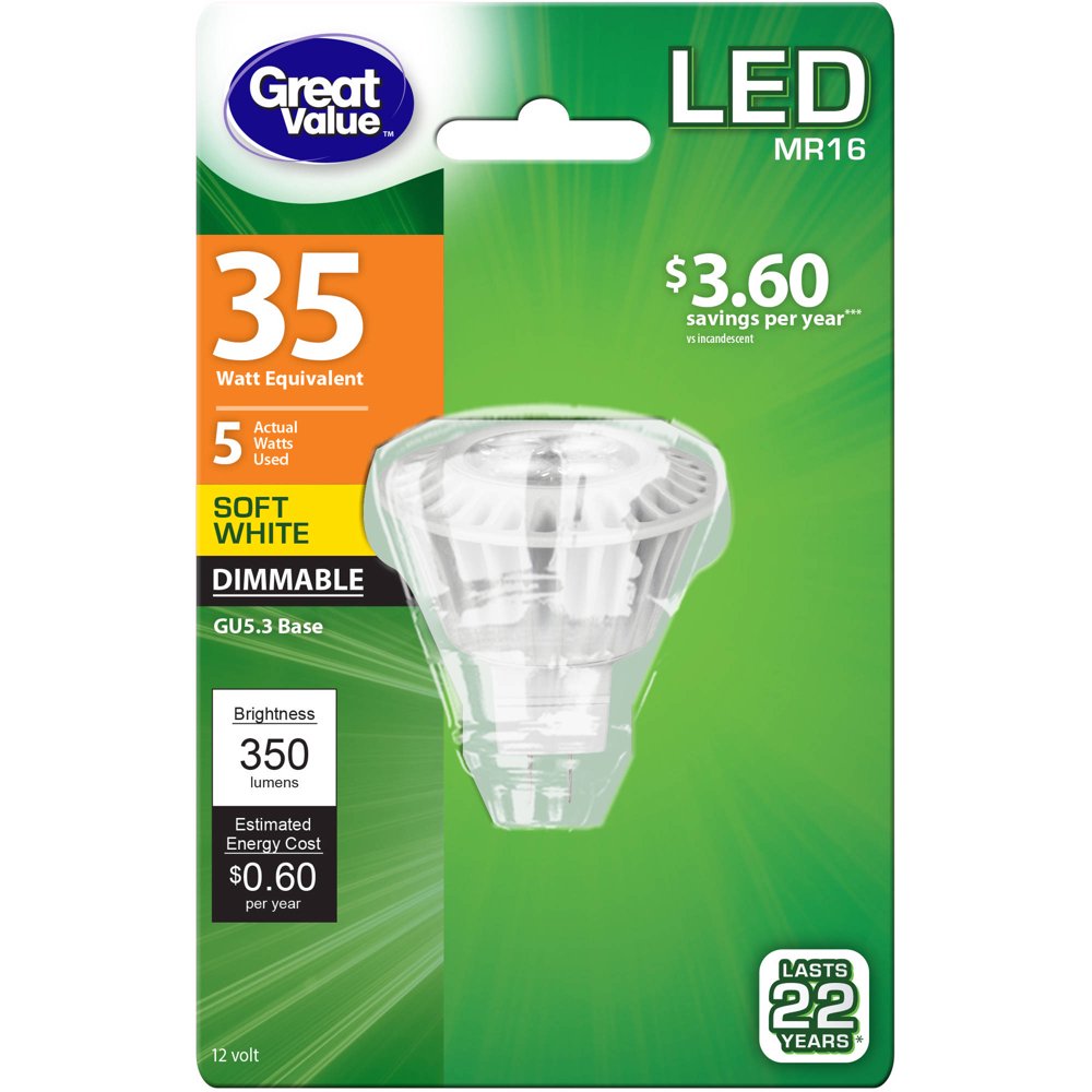 Great Value LED Light Bulb, 5W (35W Equivalent) MR16 Lamp GU5.3 Base