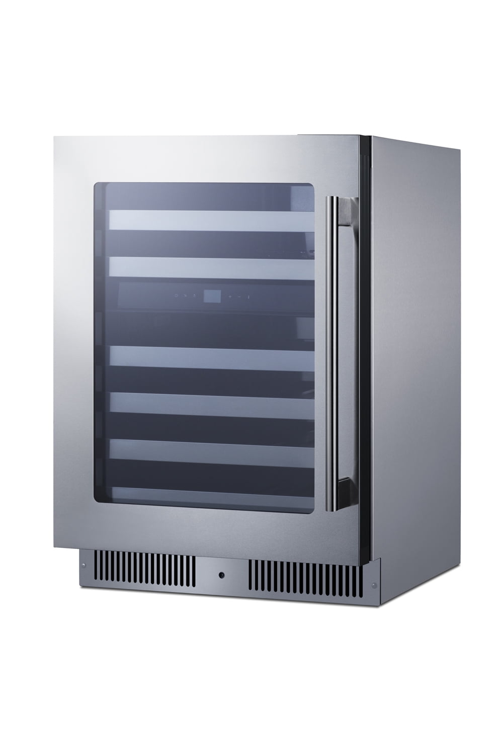 24" wide dual zone built-in undercounter premium wine cellar with glass door, stainless steel interior, tri-colored lighting, stainless steel cabinet, lock, and digital controls