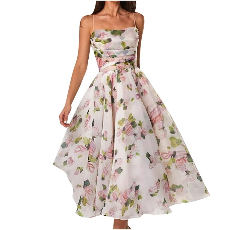 Patlollav Clearance Womens Strappy Strapless Chiffon Sleeveless Printed  Botanical Floral Dress 