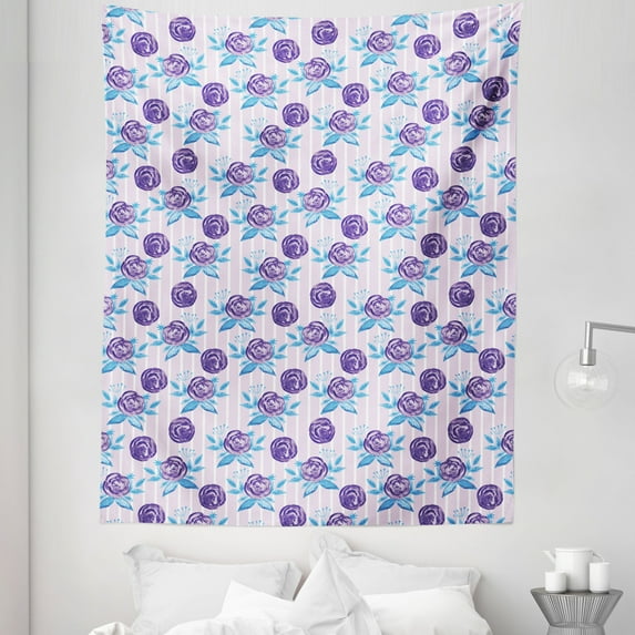 Floral Tapestry, Watercolor Romance Themed Pattern Abstract Roses on Stripes, Fabric Wall Hanging Decor for Bedroom Living Room Dorm, 5 Sizes, Pale Pink Sky Blue, by Ambesonne