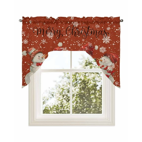 Red Christmas Kitchen Curtains Swag Valance for Windows/Bathroom/Cafe, Snowman Xmas Snowflake Rustic Rod Pocket Drape Panel Swag Curtains Valance for Bedroom/Living Room 56"x36"