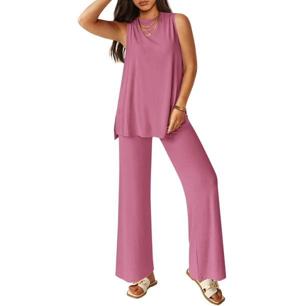 Conjunto Deportivo PRETTYGARDEN 2 Piezas Top de Tirantes y Pantalones Amplios Rosa Talla L